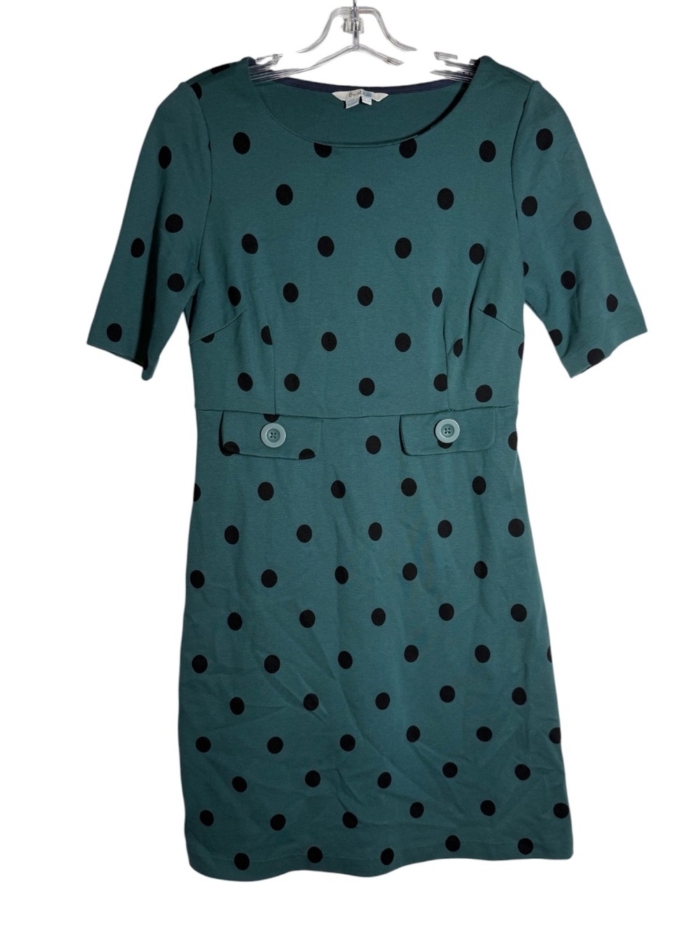Boden Ponte Knit Shift Dress Green and Navy Blue Polka Dots Size 8P